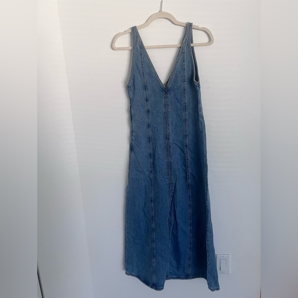 Zara V-Neck Denim Maxi Midi Dress Size XS